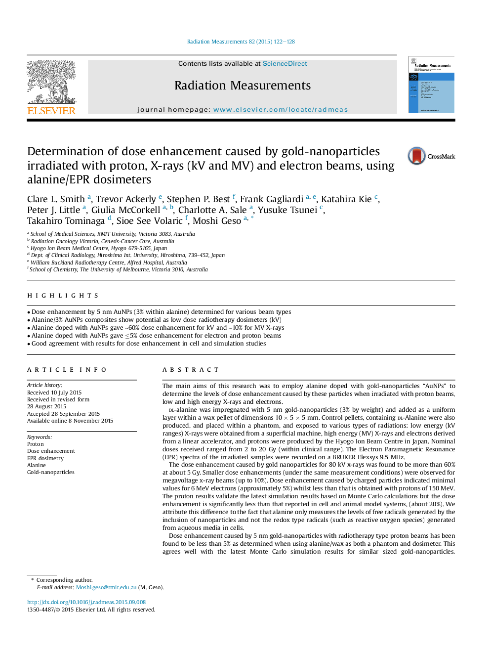 Determination of dose enhancement caused by gold-nanoparticles irradiated with proton, X-rays (kV and MV) and electron beams, using alanine/EPR dosimeters