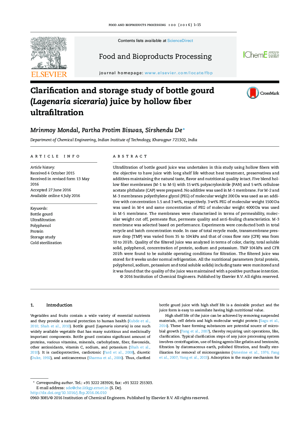 Clarification and storage study of bottle gourd (Lagenaria siceraria) juice by hollow fiber ultrafiltration