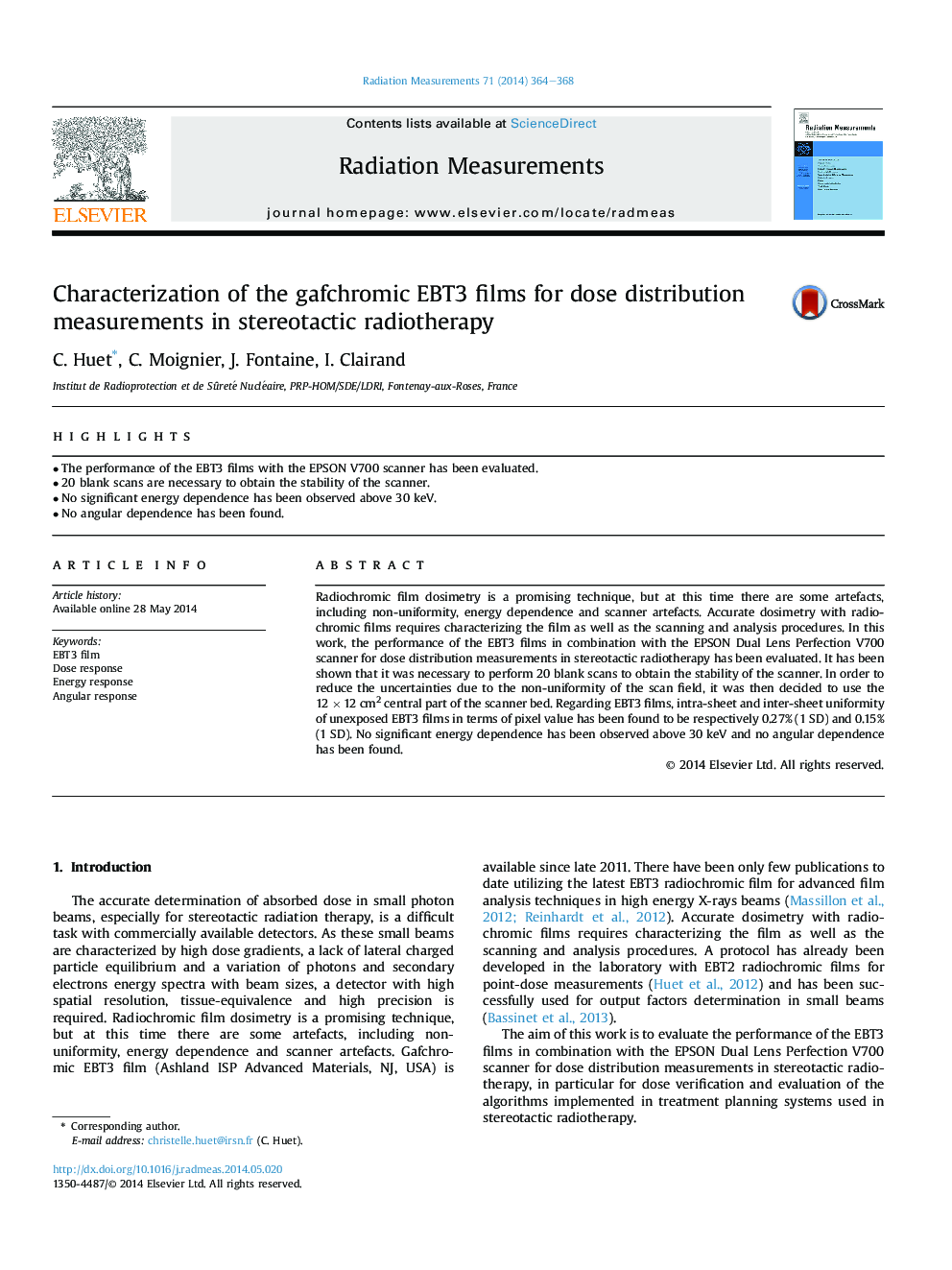 Characterization of the gafchromic EBT3 films for dose distribution measurements in stereotactic radiotherapy