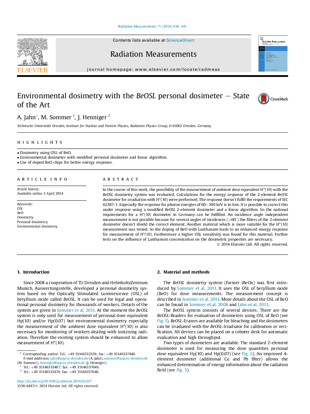 عکس صفحه اول مقاله: Environmental dosimetry with the BeOSL personal dosimeter – State of the Art Environmental dosimetry with the BeOSL personal dosimeter – State of the Art