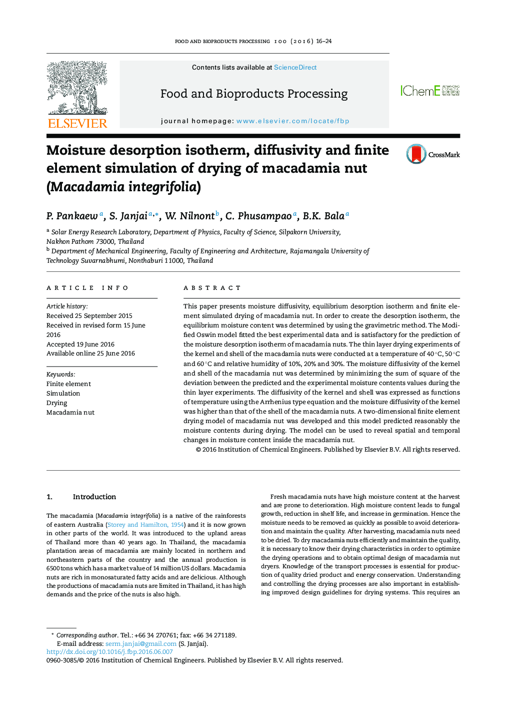 Moisture desorption isotherm, diffusivity and finite element simulation of drying of macadamia nut (Macadamia integrifolia)