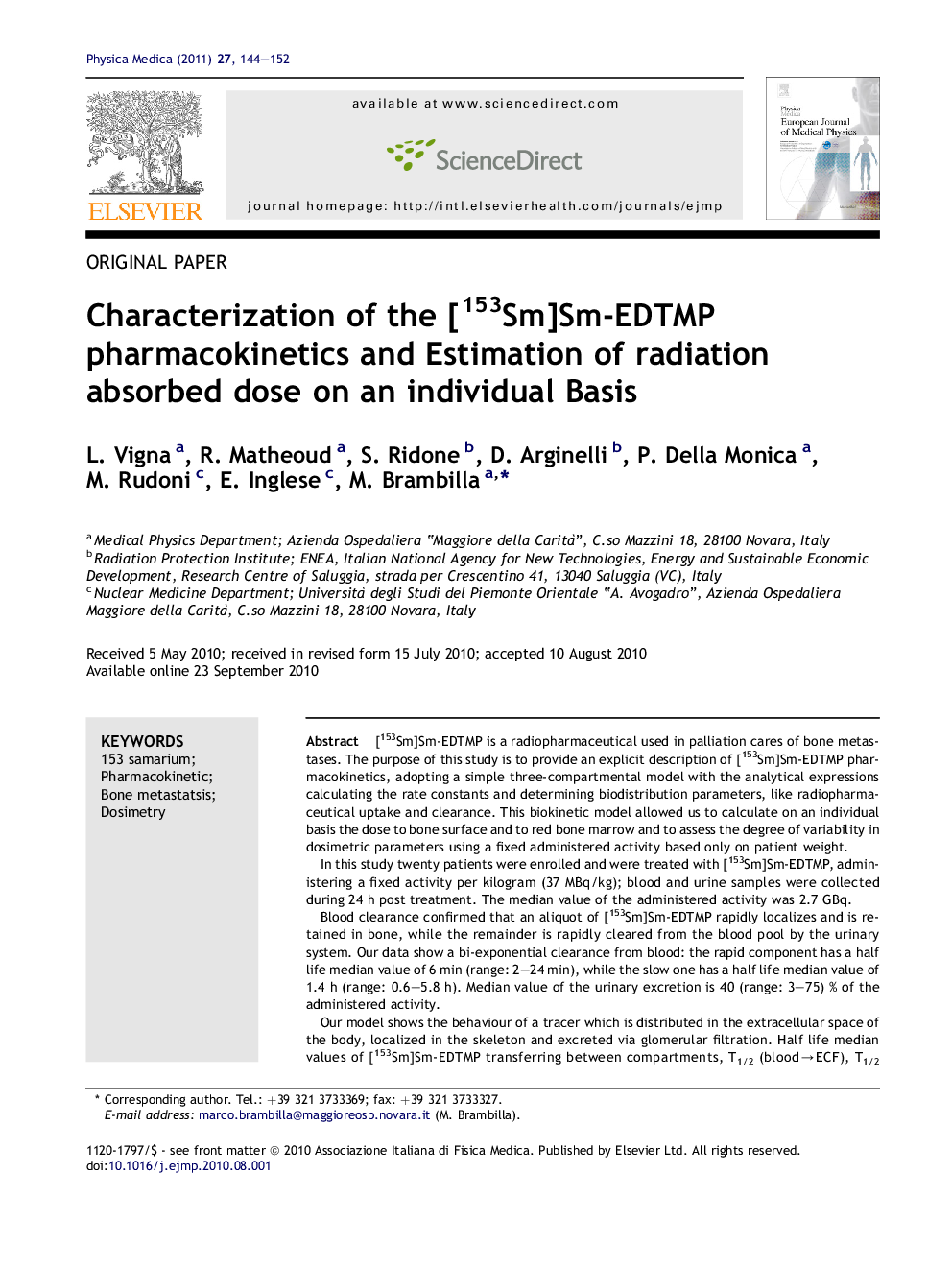 Characterization of the [153Sm]Sm-EDTMP pharmacokinetics and Estimation of radiation absorbed dose on an individual Basis