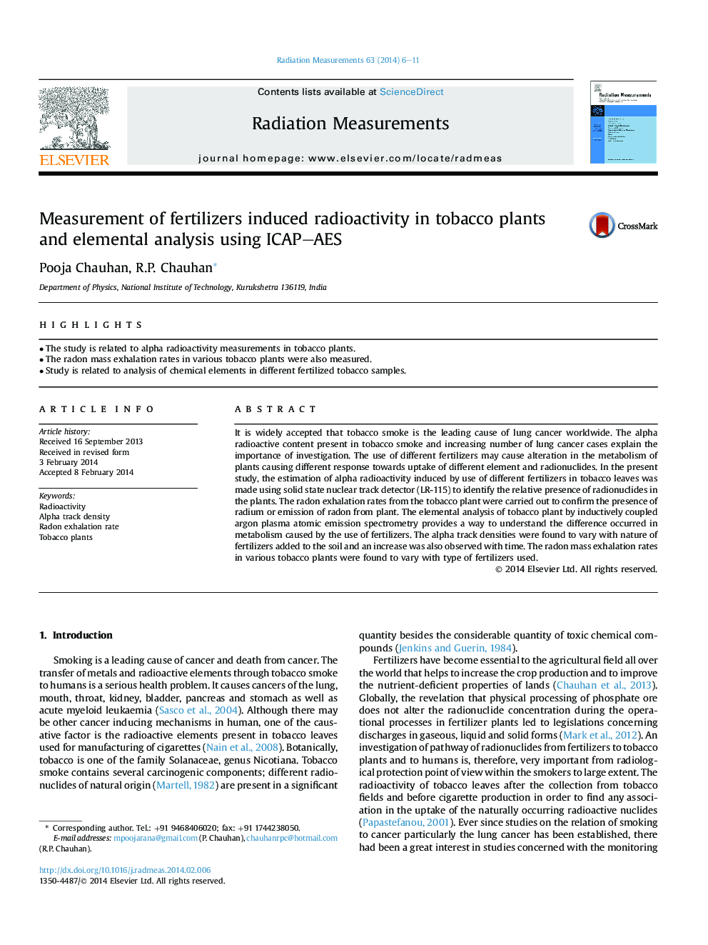 Measurement of fertilizers induced radioactivity in tobacco plants and elemental analysis using ICAP–AES