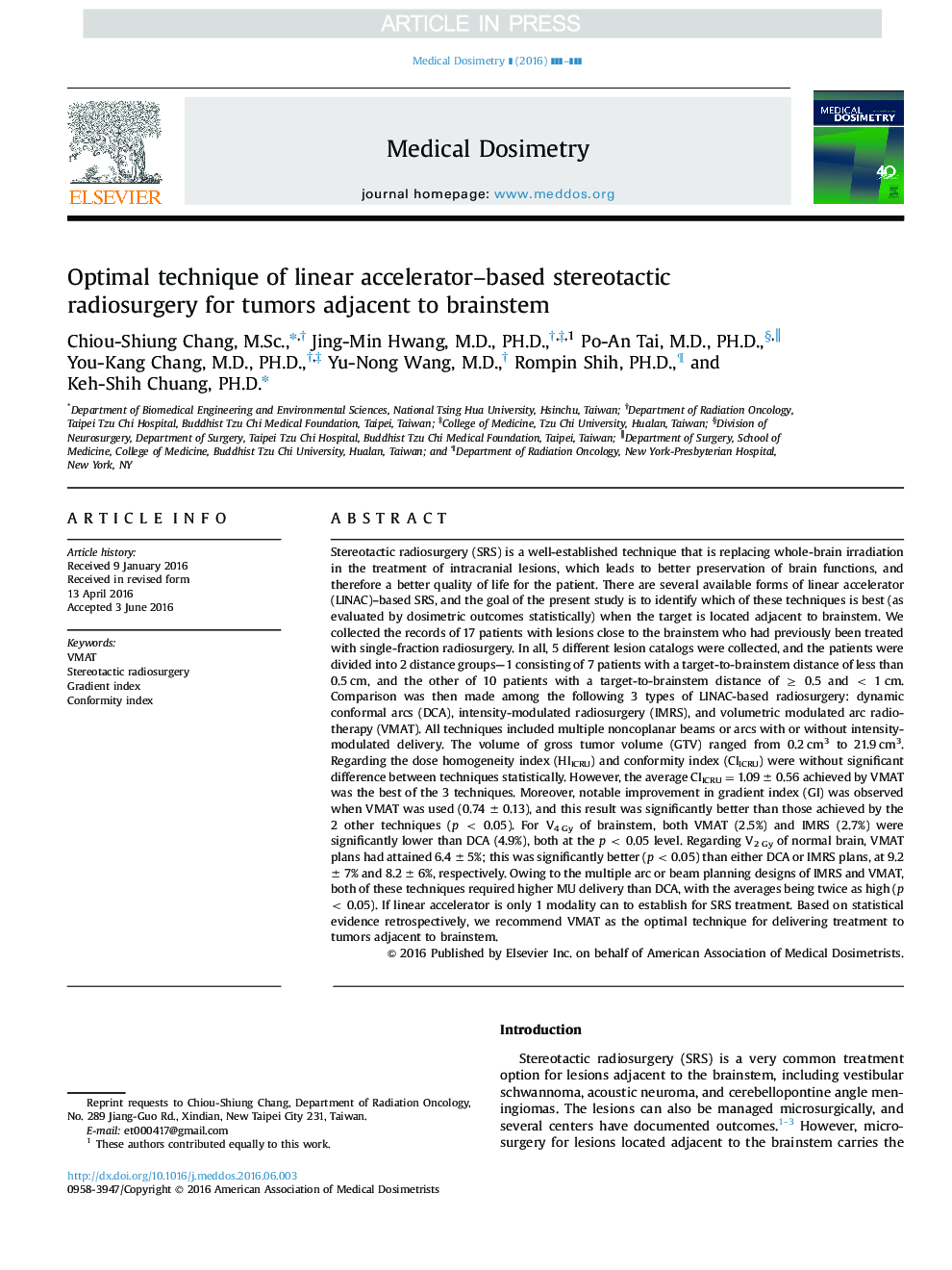 Optimal technique of linear accelerator-based stereotactic radiosurgery for tumors adjacent to brainstem