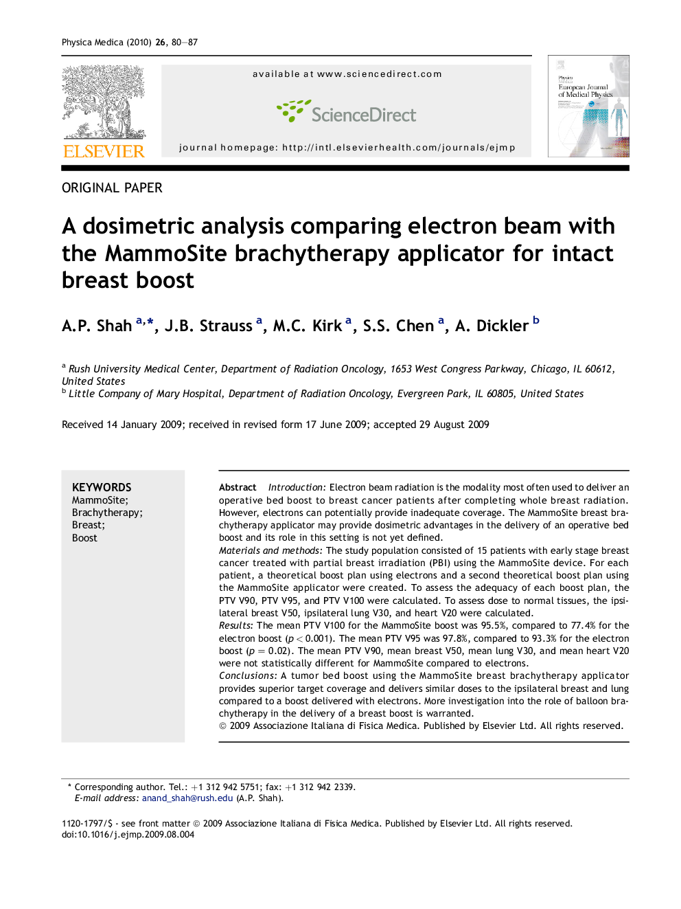 A dosimetric analysis comparing electron beam with the MammoSite brachytherapy applicator for intact breast boost