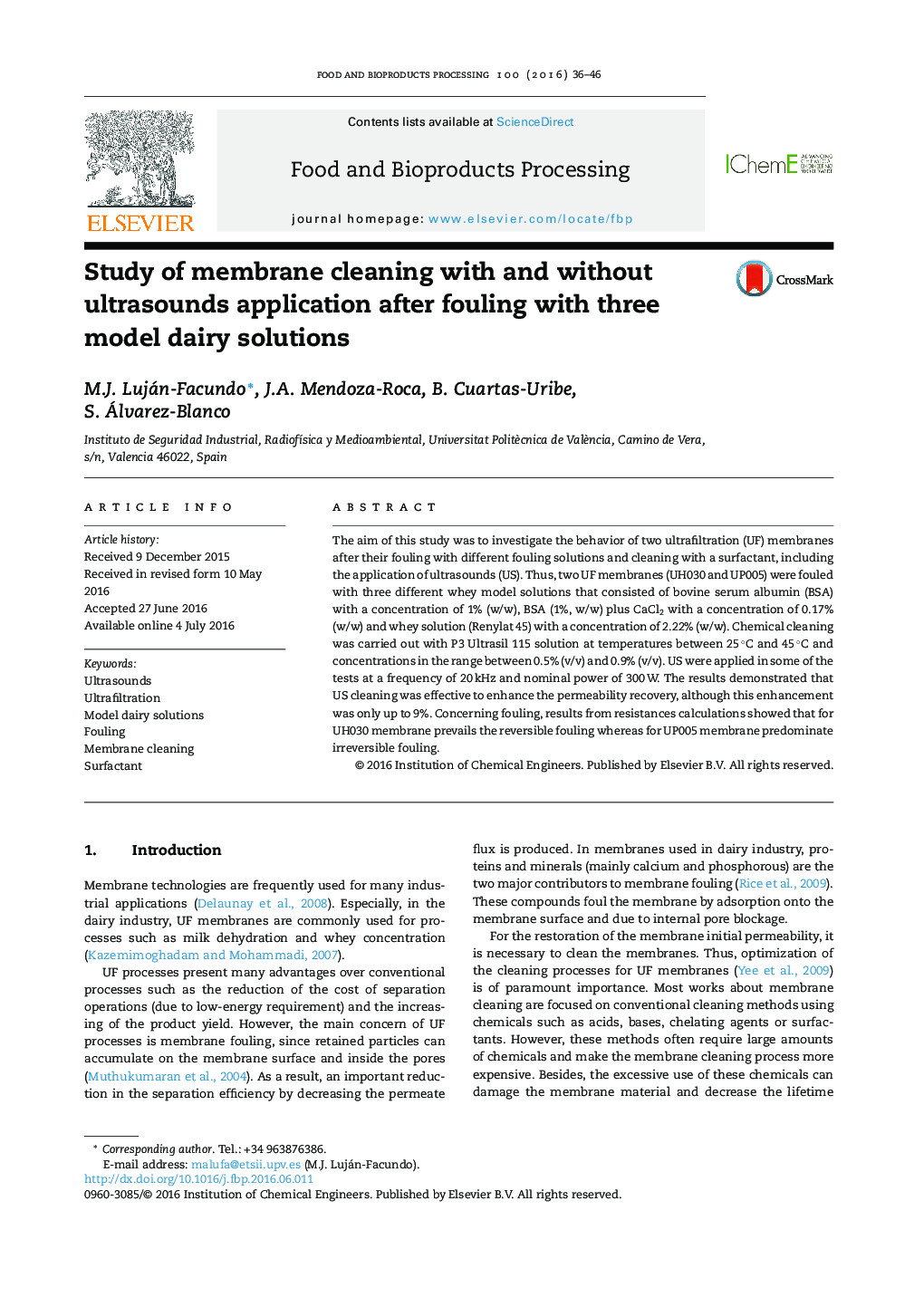 Study of membrane cleaning with and without ultrasounds application after fouling with three model dairy solutions