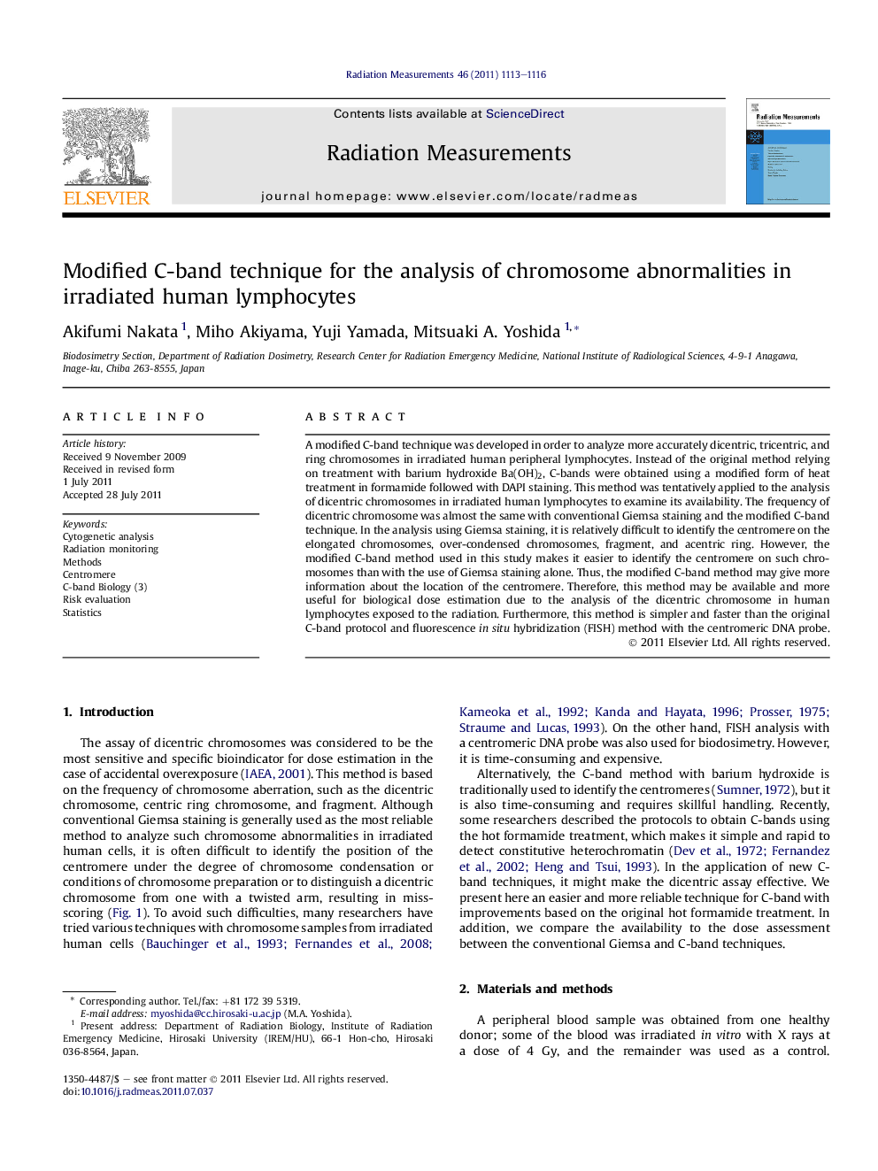 Modified C-band technique for the analysis of chromosome abnormalities in irradiated human lymphocytes