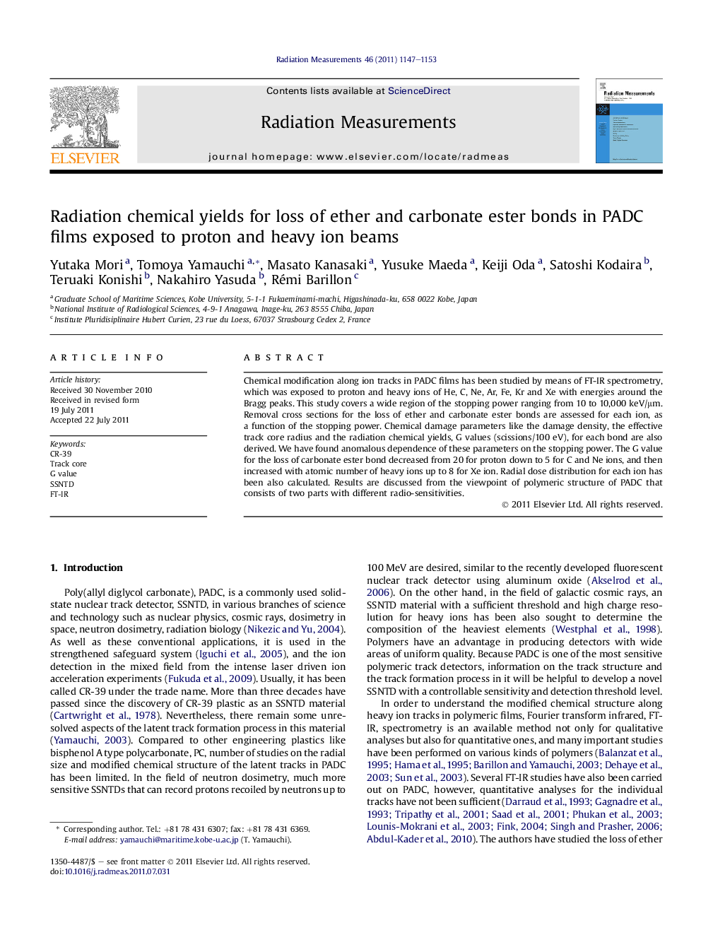 Radiation chemical yields for loss of ether and carbonate ester bonds in PADC films exposed to proton and heavy ion beams