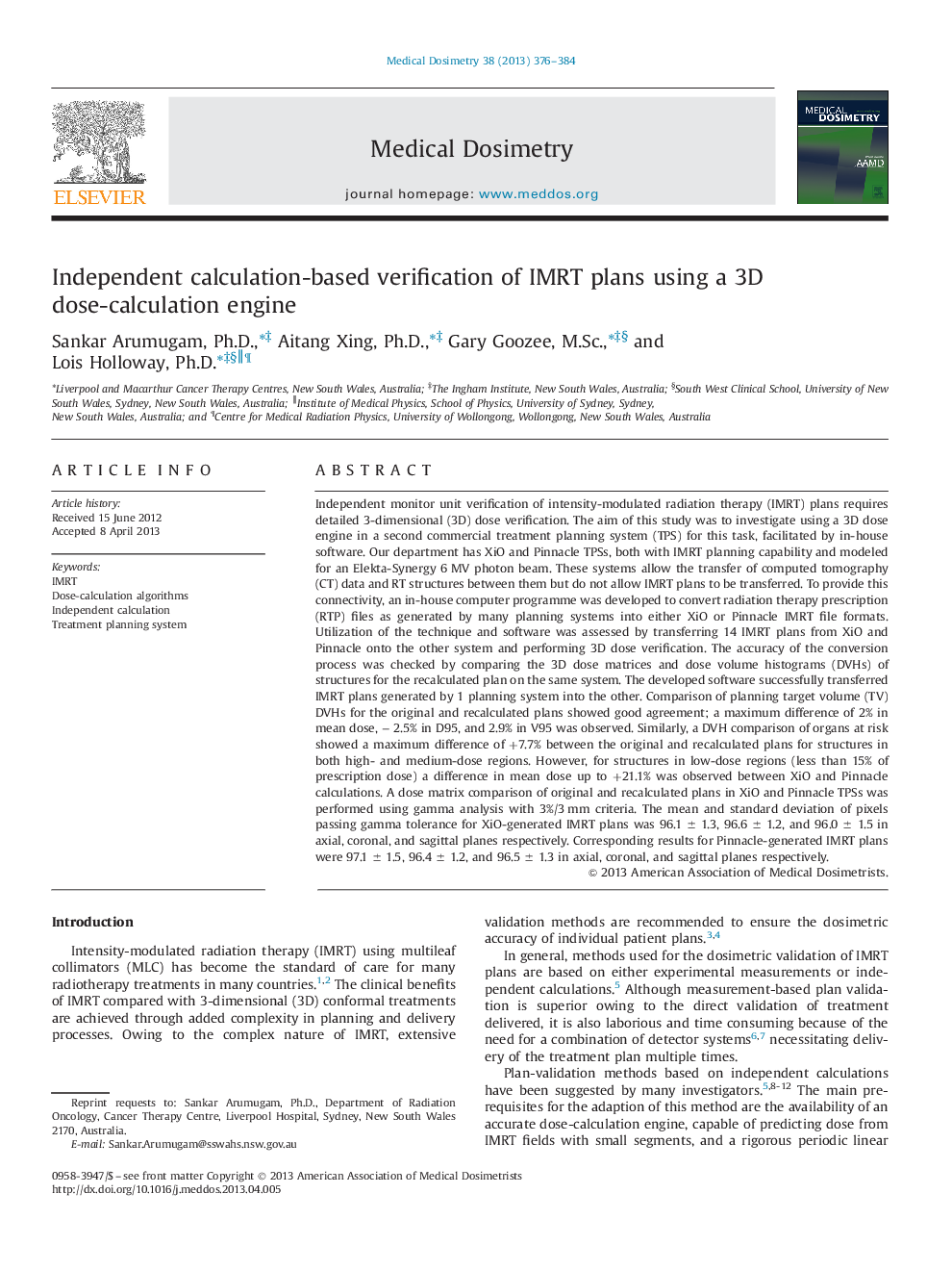 Independent calculation-based verification of IMRT plans using a 3D dose-calculation engine