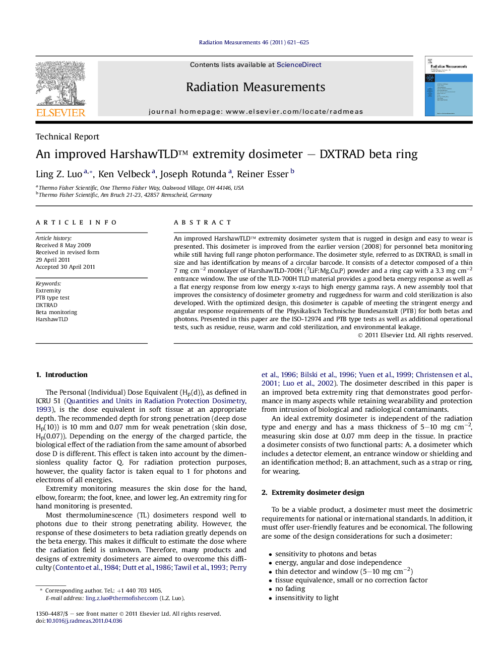 عکس صفحه اول مقاله: An improved HarshawTLD™ extremity dosimeter – DXTRAD beta ring An improved HarshawTLD™ extremity dosimeter – DXTRAD beta ring