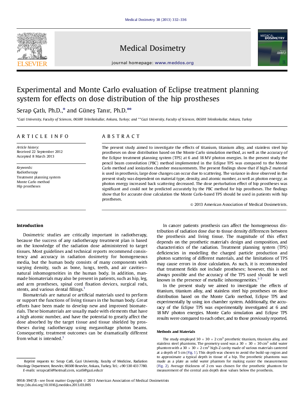 Experimental and Monte Carlo evaluation of Eclipse treatment planning system for effects on dose distribution of the hip prostheses