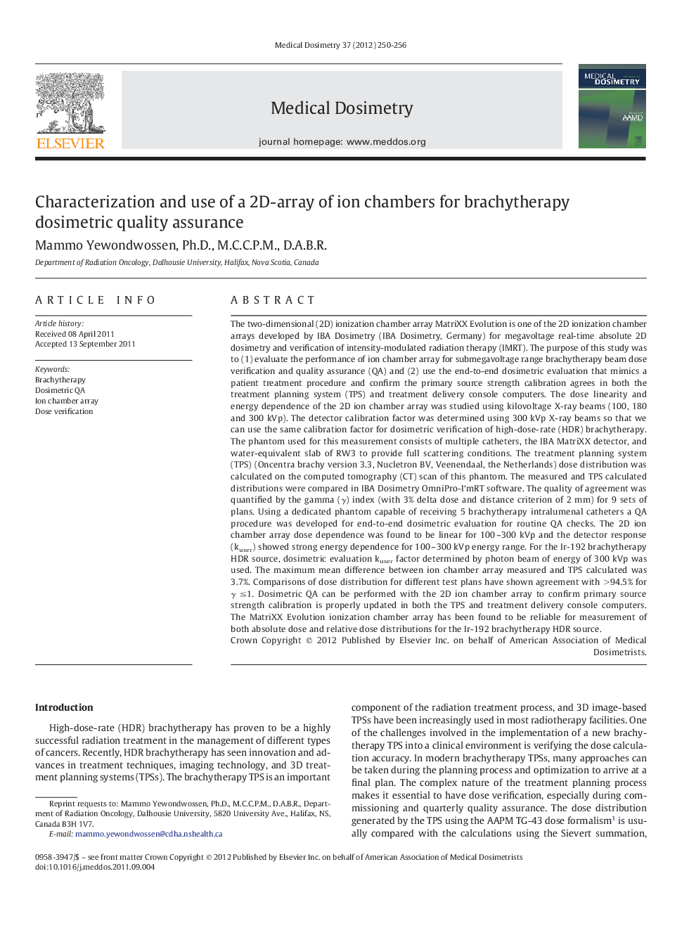 Characterization and use of a 2D-array of ion chambers for brachytherapy dosimetric quality assurance