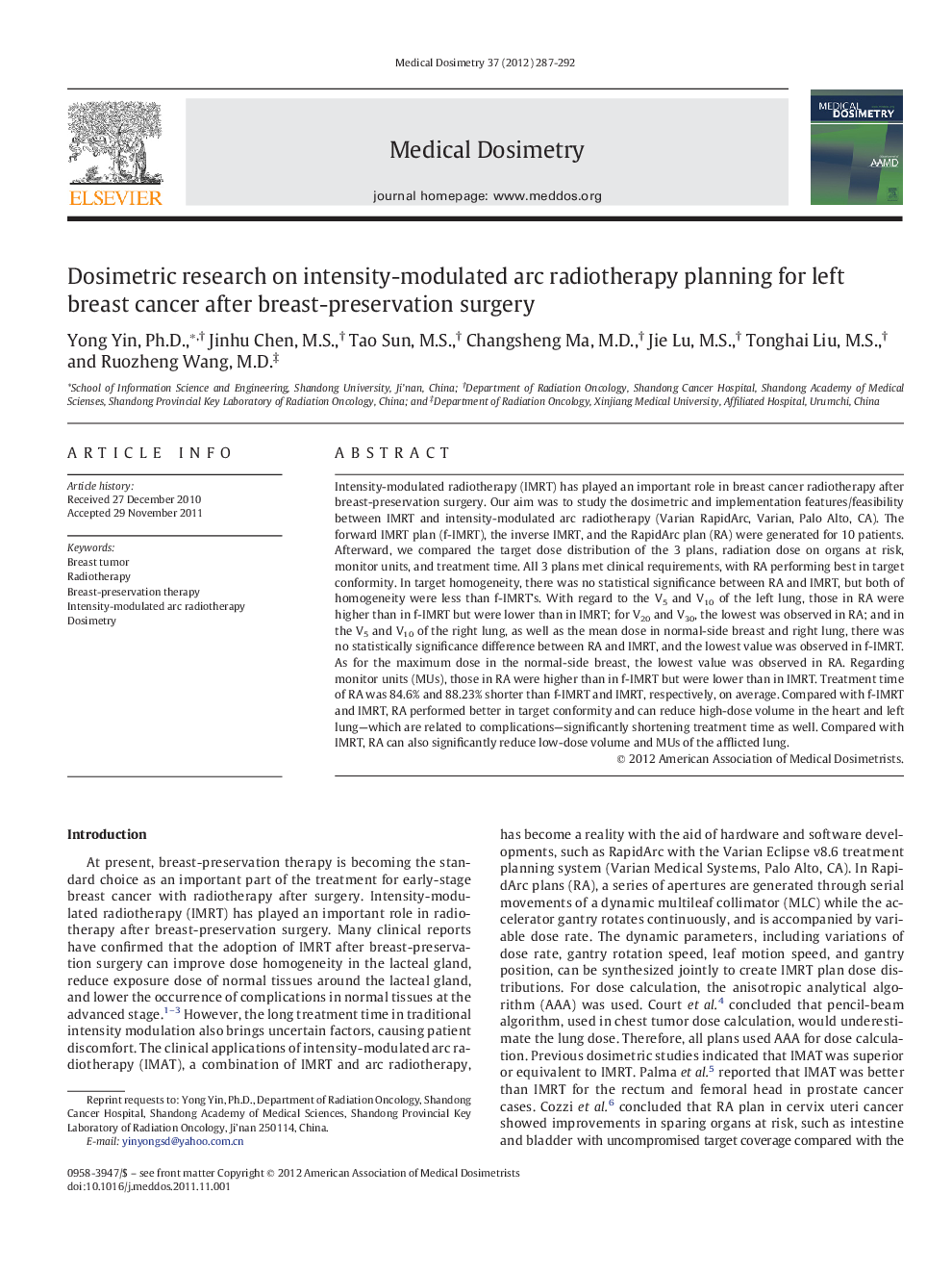 Dosimetric research on intensity-modulated arc radiotherapy planning for left breast cancer after breast-preservation surgery