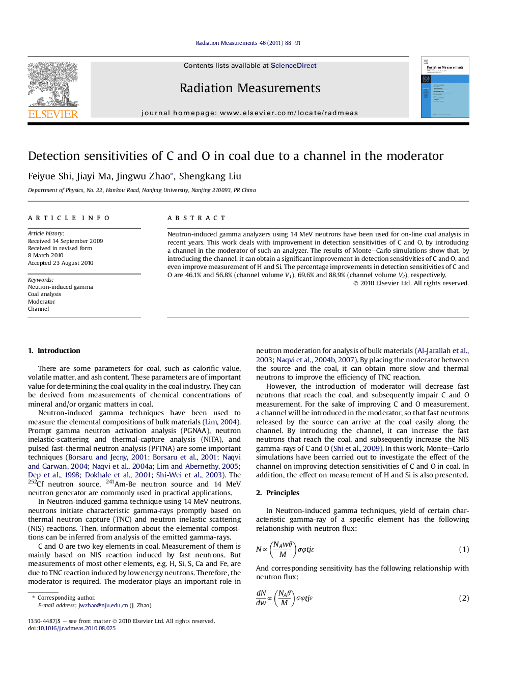 Detection sensitivities of C and O in coal due to a channel in the moderator