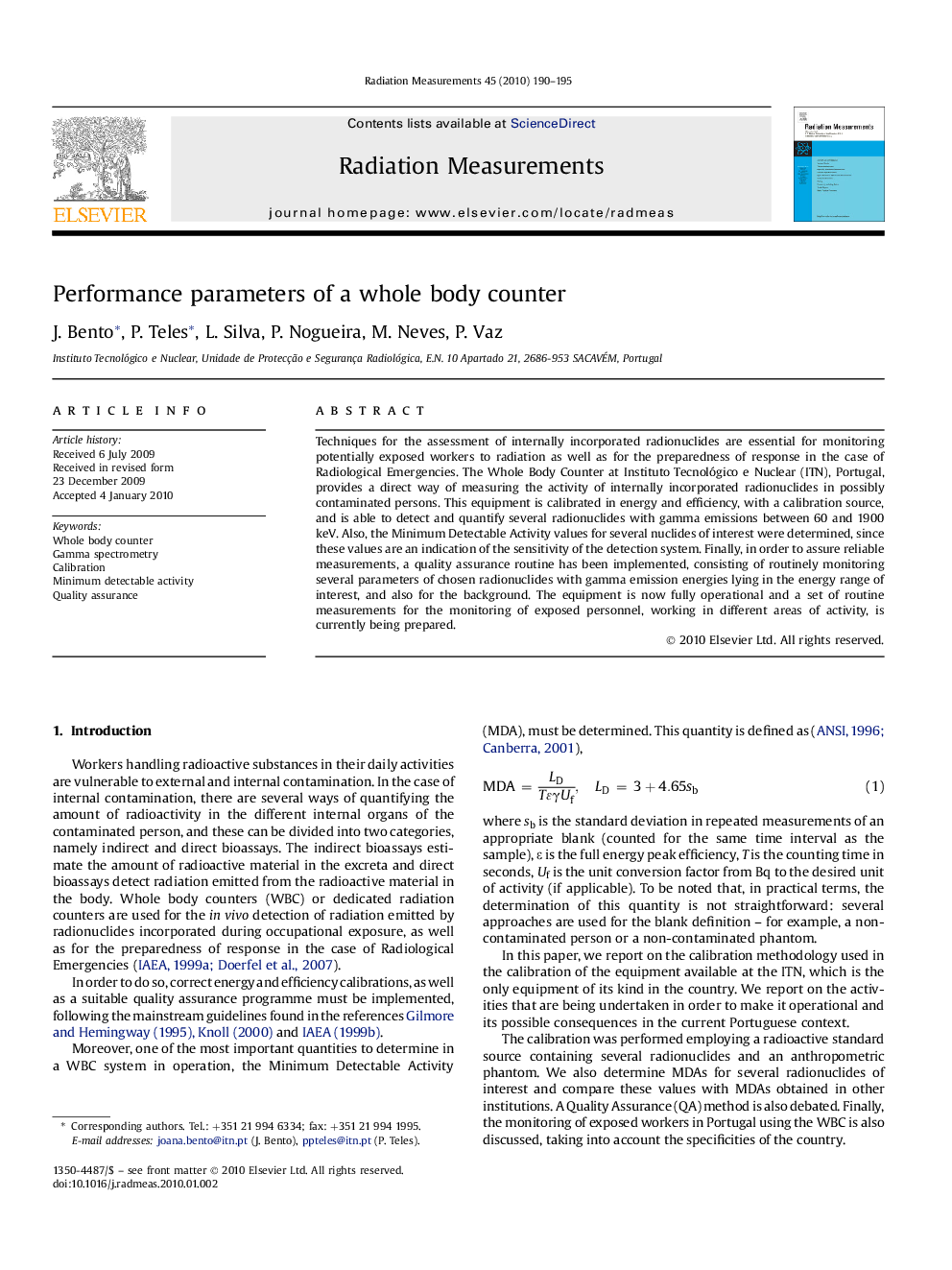 Performance parameters of a whole body counter