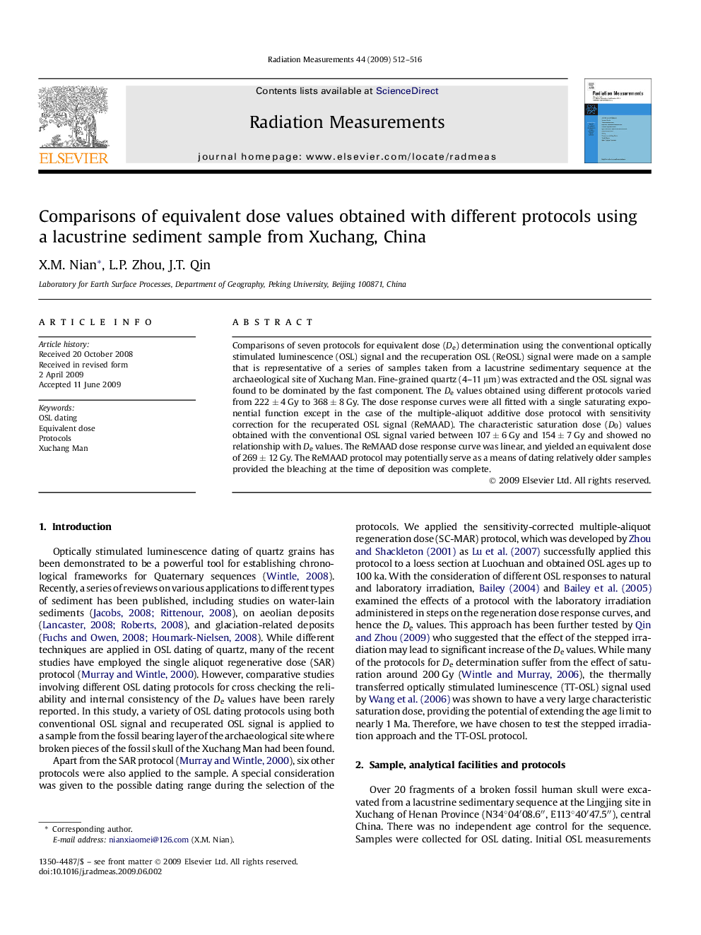 Comparisons of equivalent dose values obtained with different protocols using a lacustrine sediment sample from Xuchang, China