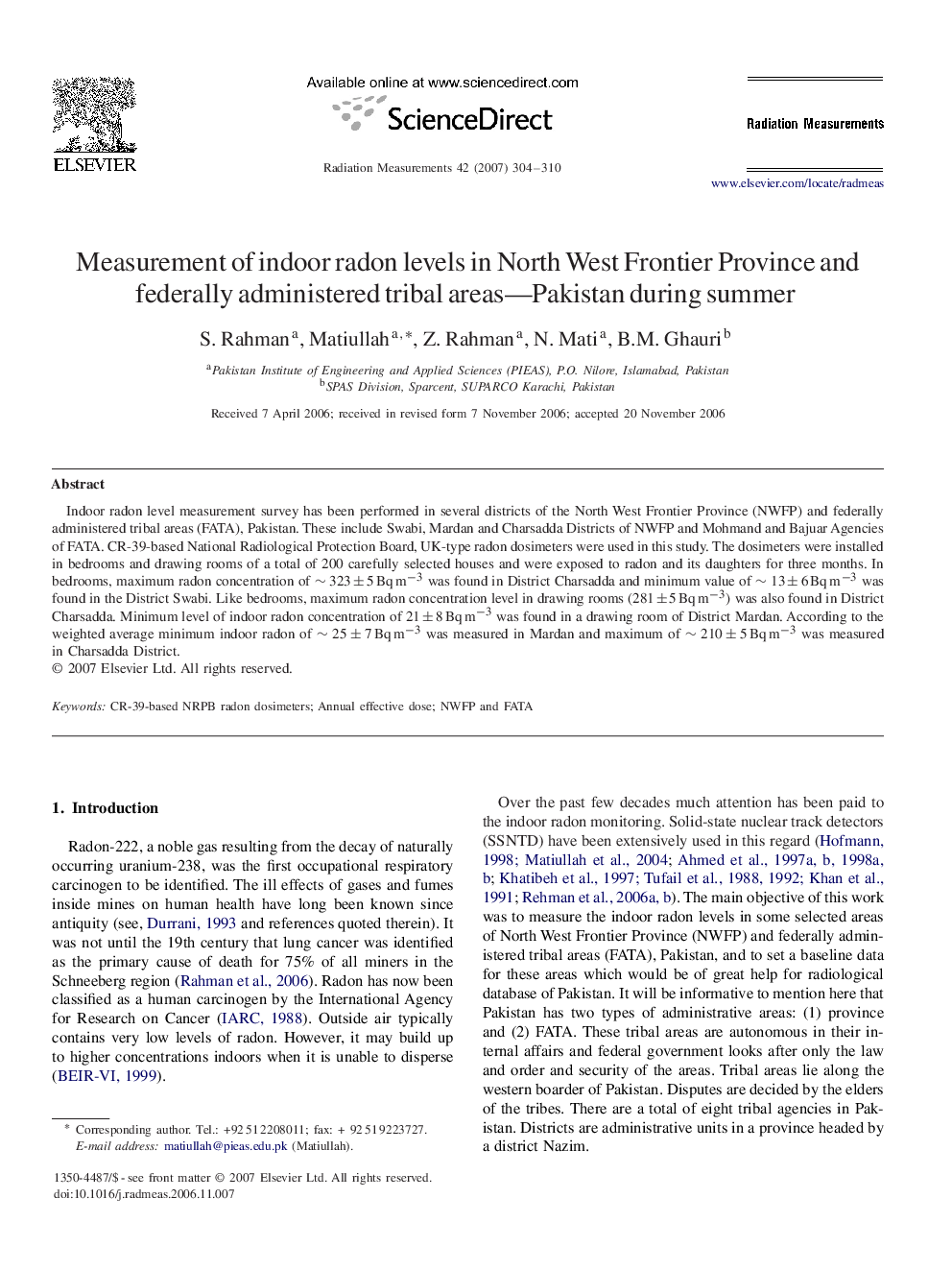 Measurement of indoor radon levels in North West Frontier Province and federally administered tribal areas—Pakistan during summer