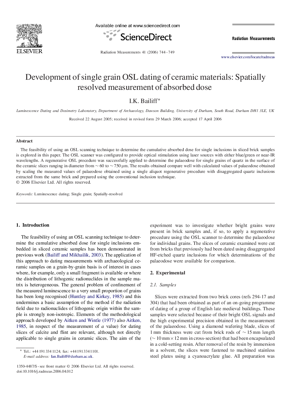 Development of single grain OSL dating of ceramic materials: Spatially resolved measurement of absorbed dose