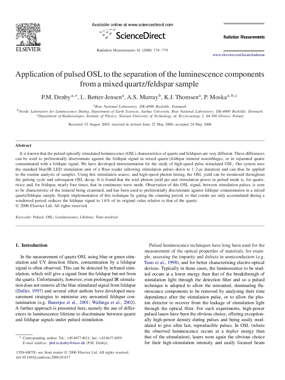 Application of pulsed OSL to the separation of the luminescence components from a mixed quartz/feldspar sample