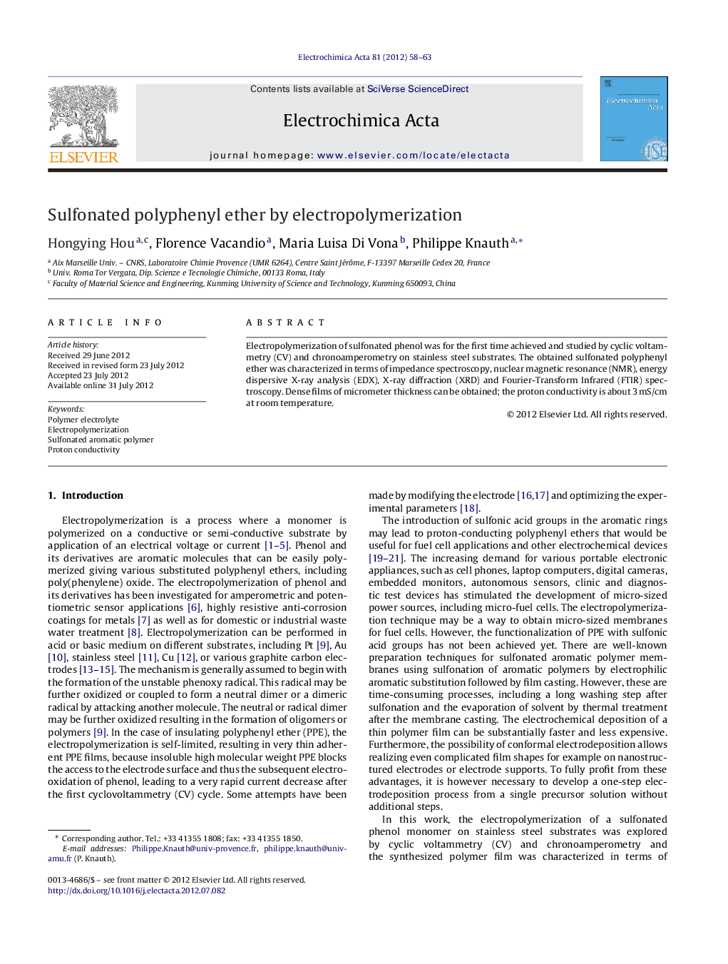 Sulfonated polyphenyl ether by electropolymerization