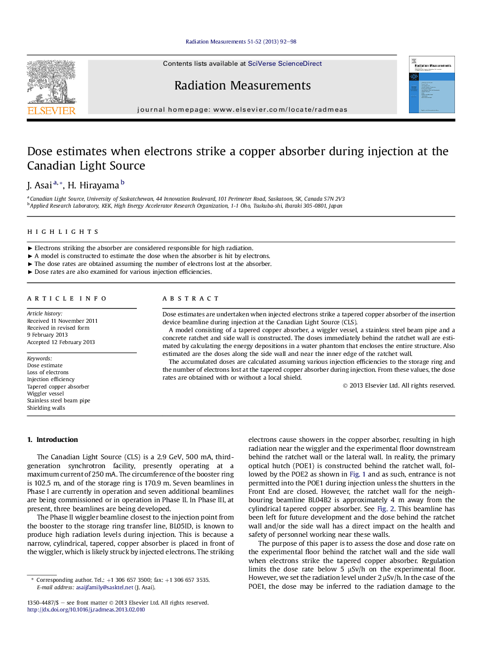 Dose estimates when electrons strike a copper absorber during injection at the Canadian Light Source