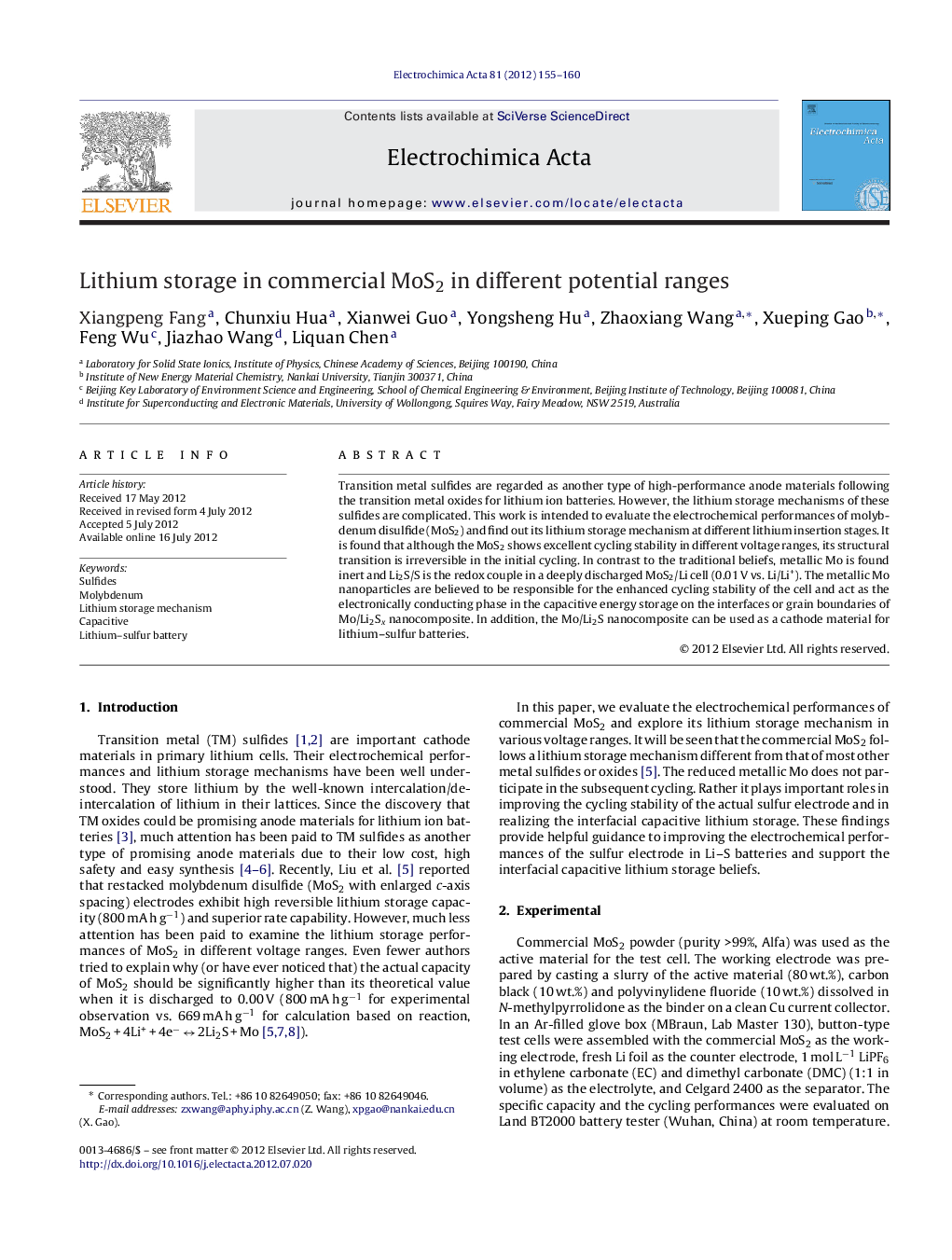 عکس صفحه اول مقاله: Lithium storage in commercial MoS2 in different potential ranges Lithium storage in commercial MoS2 in different potential ranges