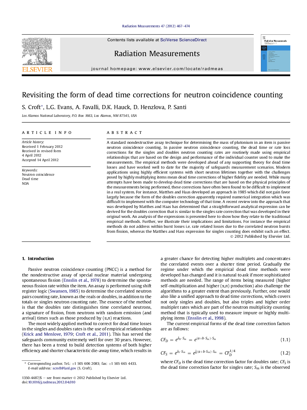 عکس صفحه اول مقاله: Revisiting the form of dead time corrections for neutron coincidence counting Revisiting the form of dead time corrections for neutron coincidence counting