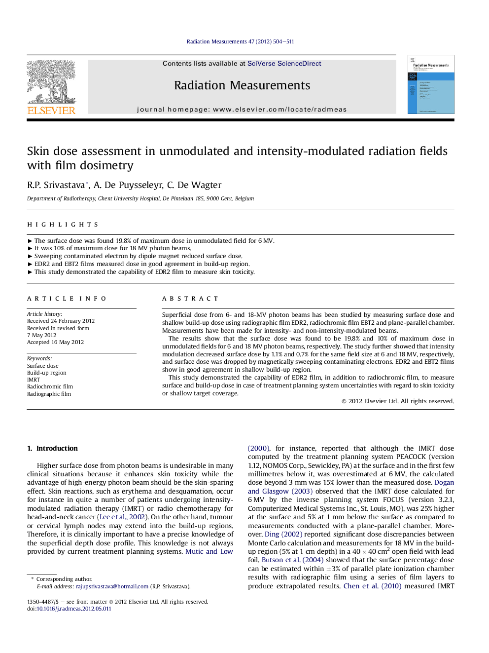 Skin dose assessment in unmodulated and intensity-modulated radiation fields with film dosimetry