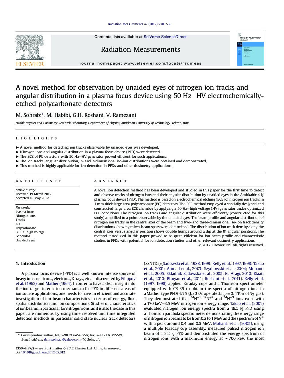 A novel method for observation by unaided eyes of nitrogen ion tracks and angular distribution in a plasma focus device using 50 Hz–HV electrochemically-etched polycarbonate detectors