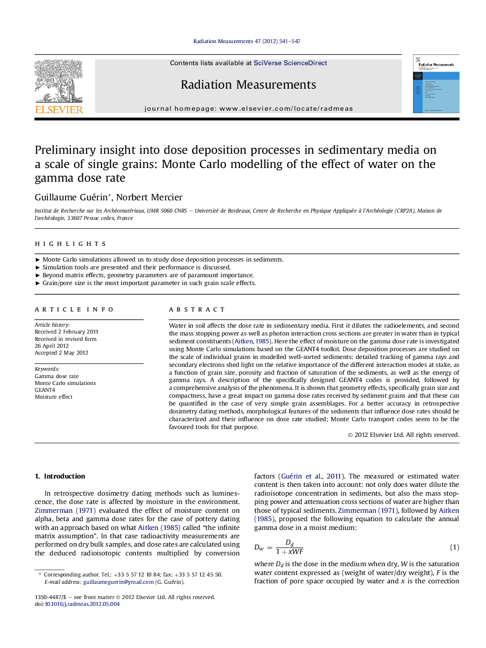 Preliminary insight into dose deposition processes in sedimentary media on a scale of single grains: Monte Carlo modelling of the effect of water on the gamma dose rate