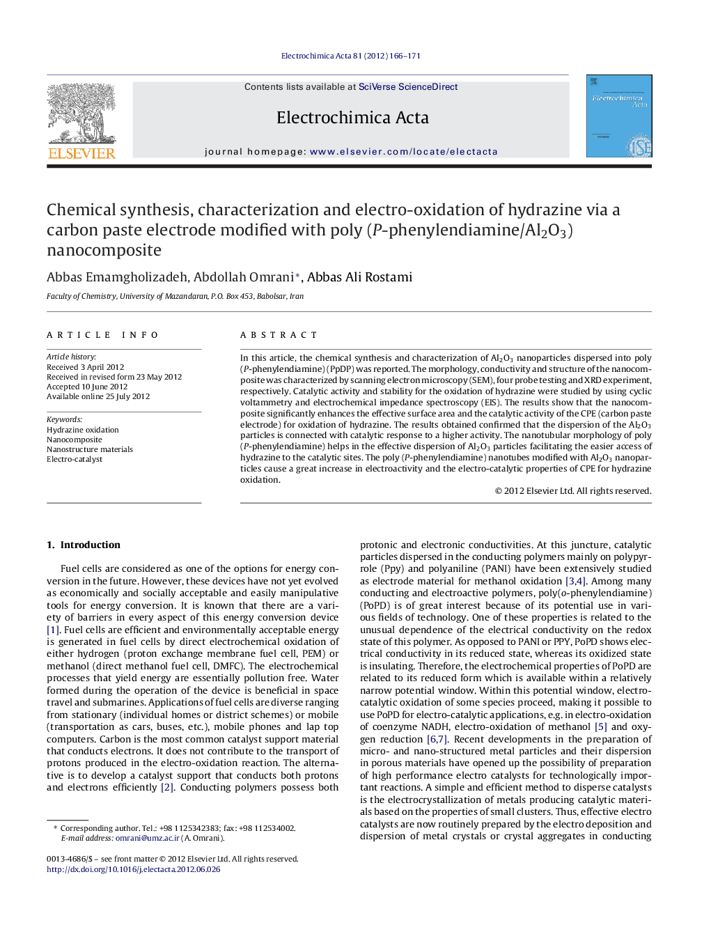 Chemical synthesis, characterization and electro-oxidation of hydrazine via a carbon paste electrode modified with poly (P-phenylendiamine/Al2O3) nanocomposite