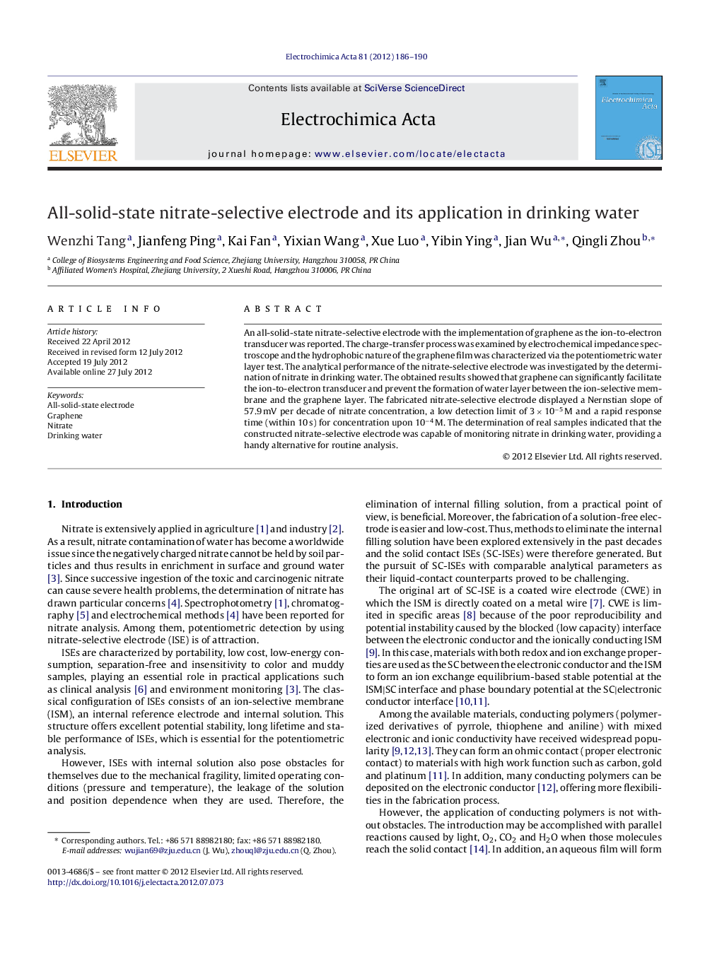 All-solid-state nitrate-selective electrode and its application in drinking water