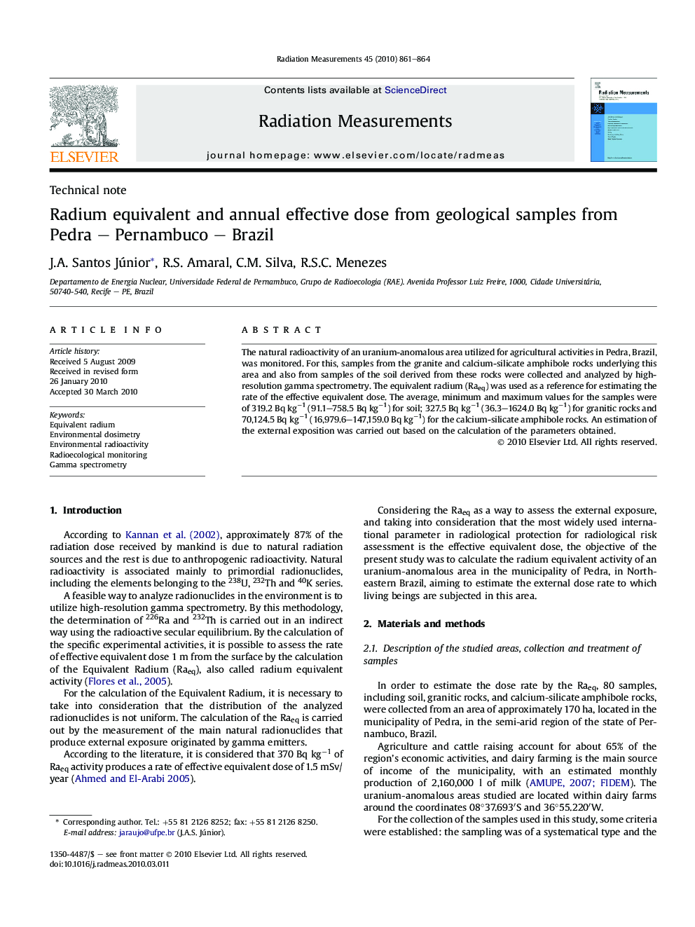 Radium equivalent and annual effective dose from geological samples from Pedra – Pernambuco – Brazil