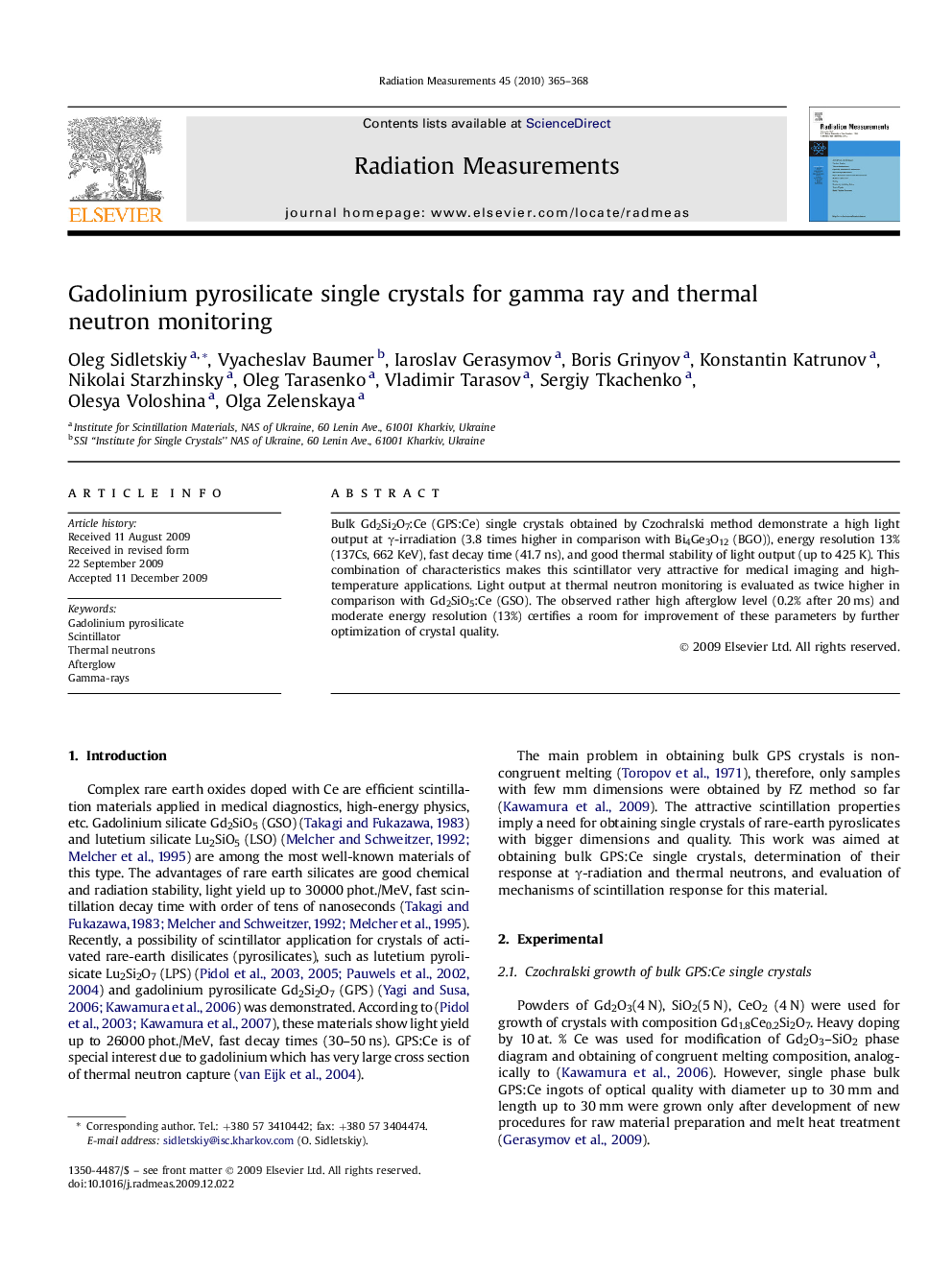 Gadolinium pyrosilicate single crystals for gamma ray and thermal neutron monitoring