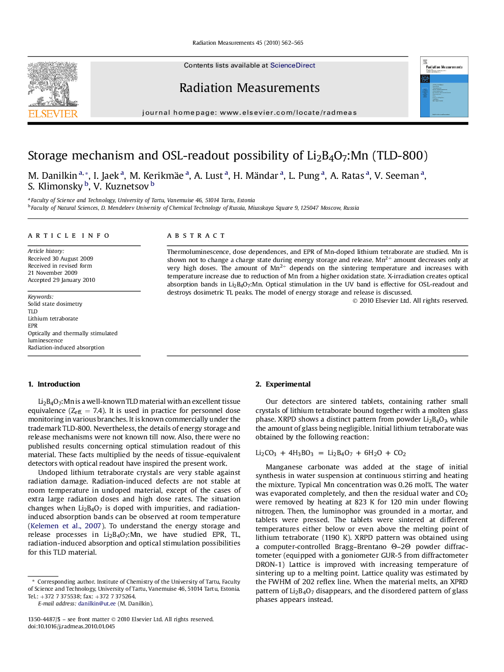 Storage mechanism and OSL-readout possibility of Li2B4O7:Mn (TLD-800)