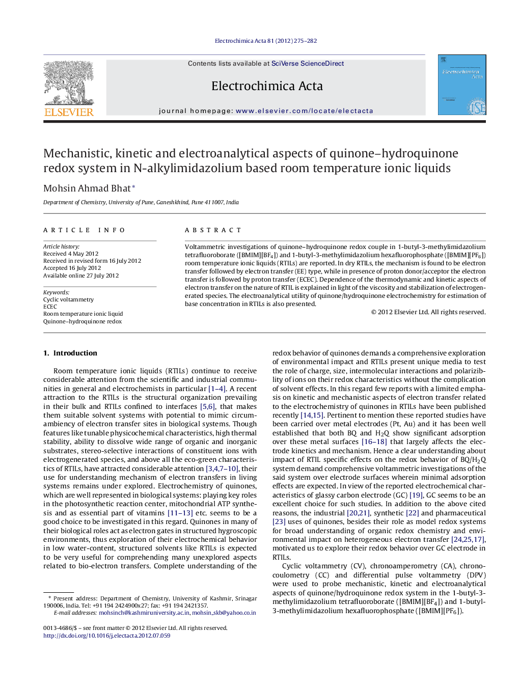 Mechanistic, kinetic and electroanalytical aspects of quinone–hydroquinone redox system in N-alkylimidazolium based room temperature ionic liquids