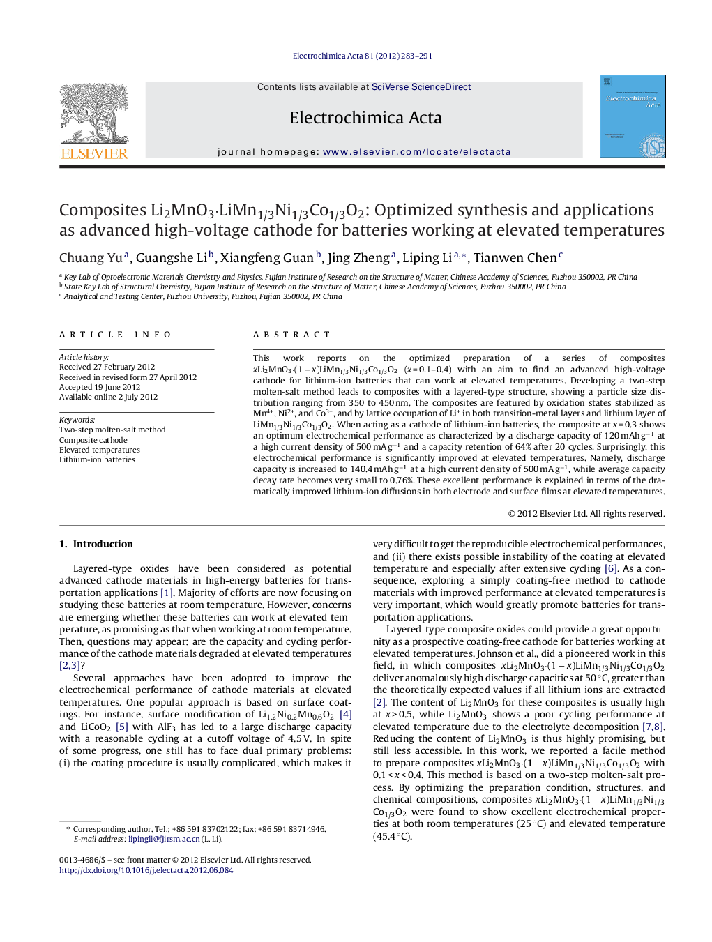 عکس صفحه اول مقاله: Composites Li2MnO3·LiMn1/3Ni1/3Co1/3O2: Optimized synthesis and applications as advanced high-voltage cathode for batteries working at elevated temperatures Composites Li2MnO3·LiMn1/3Ni1/3Co1/3O2: Optimized synthesis and applications as advanced high-voltage cathode for batteries working at elevated temperatures