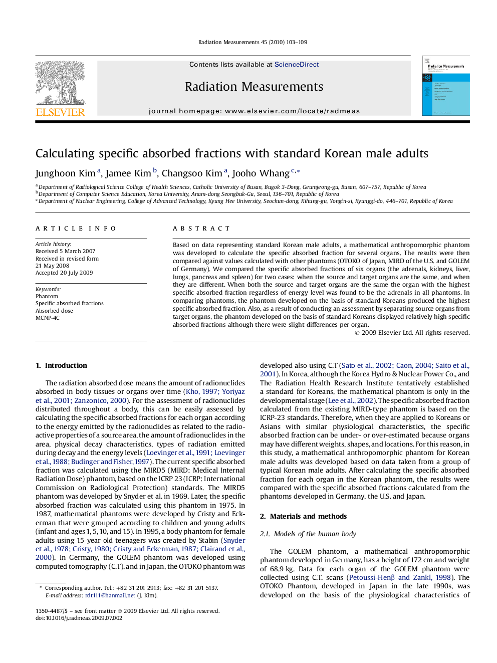 Calculating specific absorbed fractions with standard Korean male adults