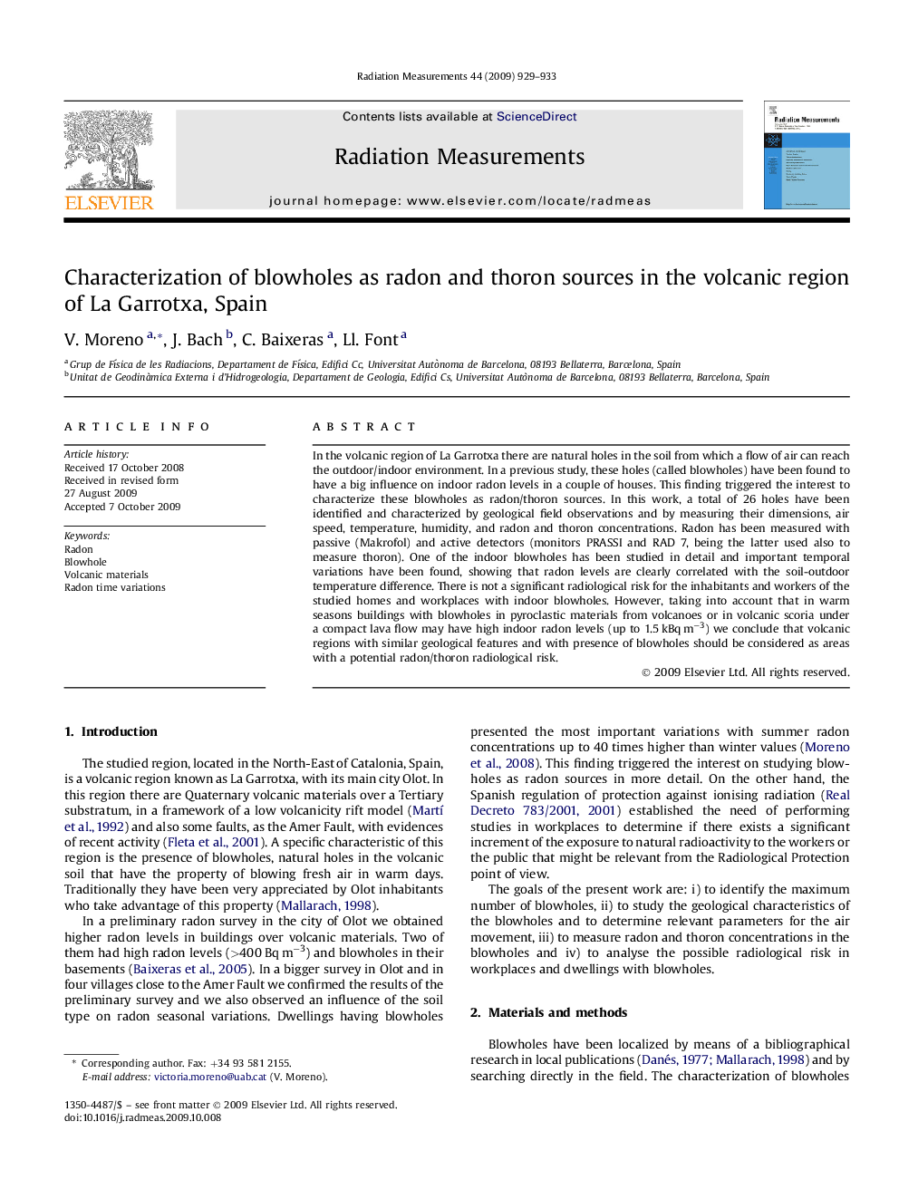 Characterization of blowholes as radon and thoron sources in the volcanic region of La Garrotxa, Spain