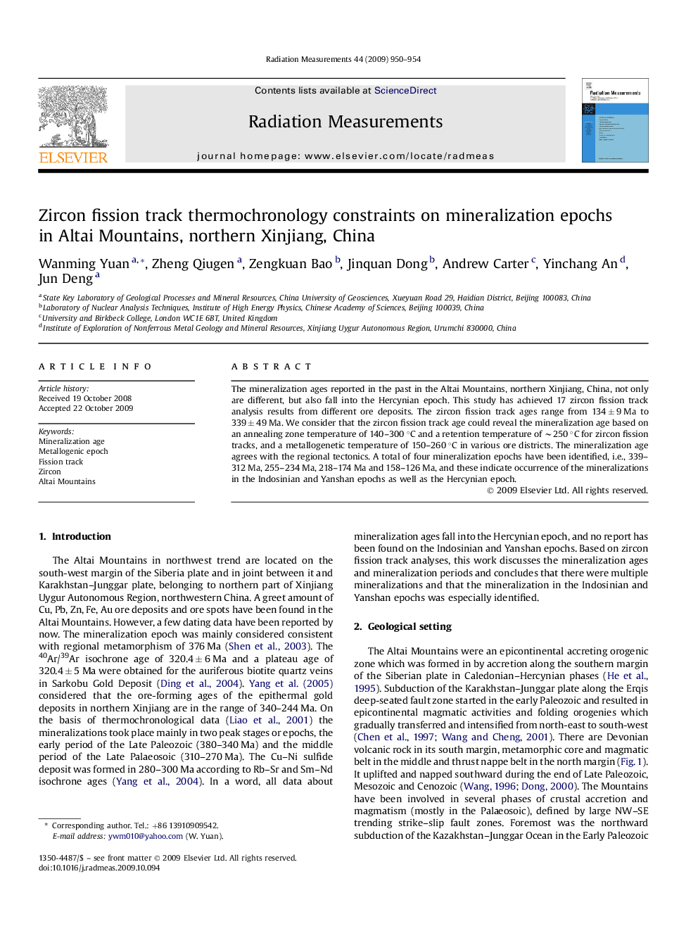 Zircon fission track thermochronology constraints on mineralization epochs in Altai Mountains, northern Xinjiang, China