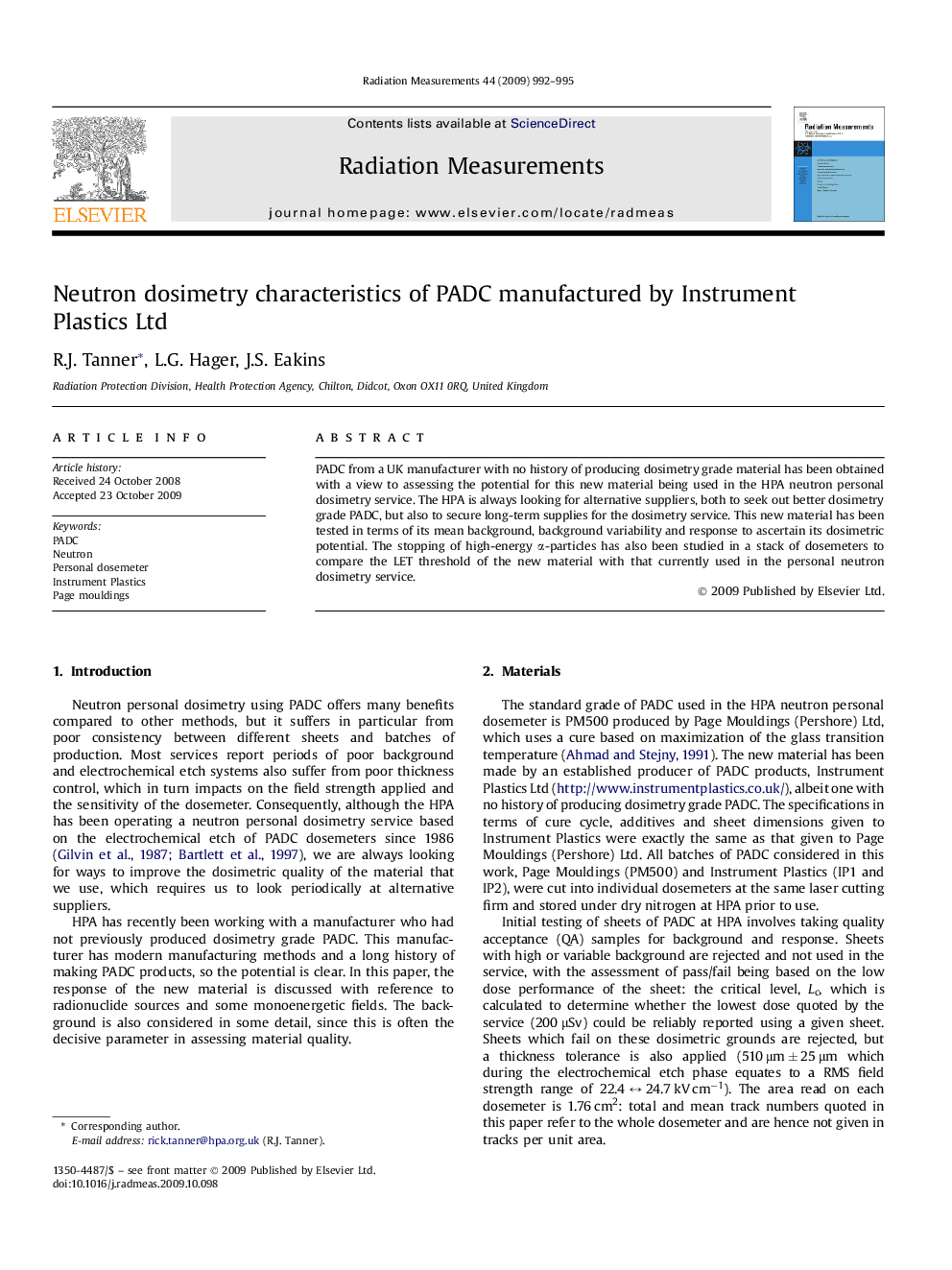 Neutron dosimetry characteristics of PADC manufactured by Instrument Plastics Ltd