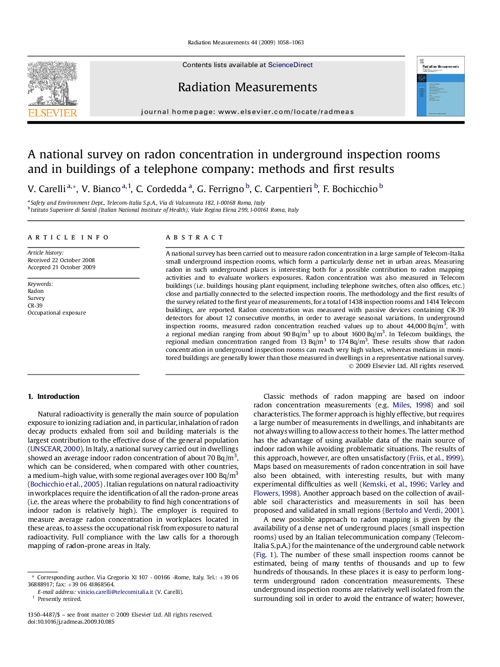 A national survey on radon concentration in underground inspection rooms and in buildings of a telephone company: methods and first results