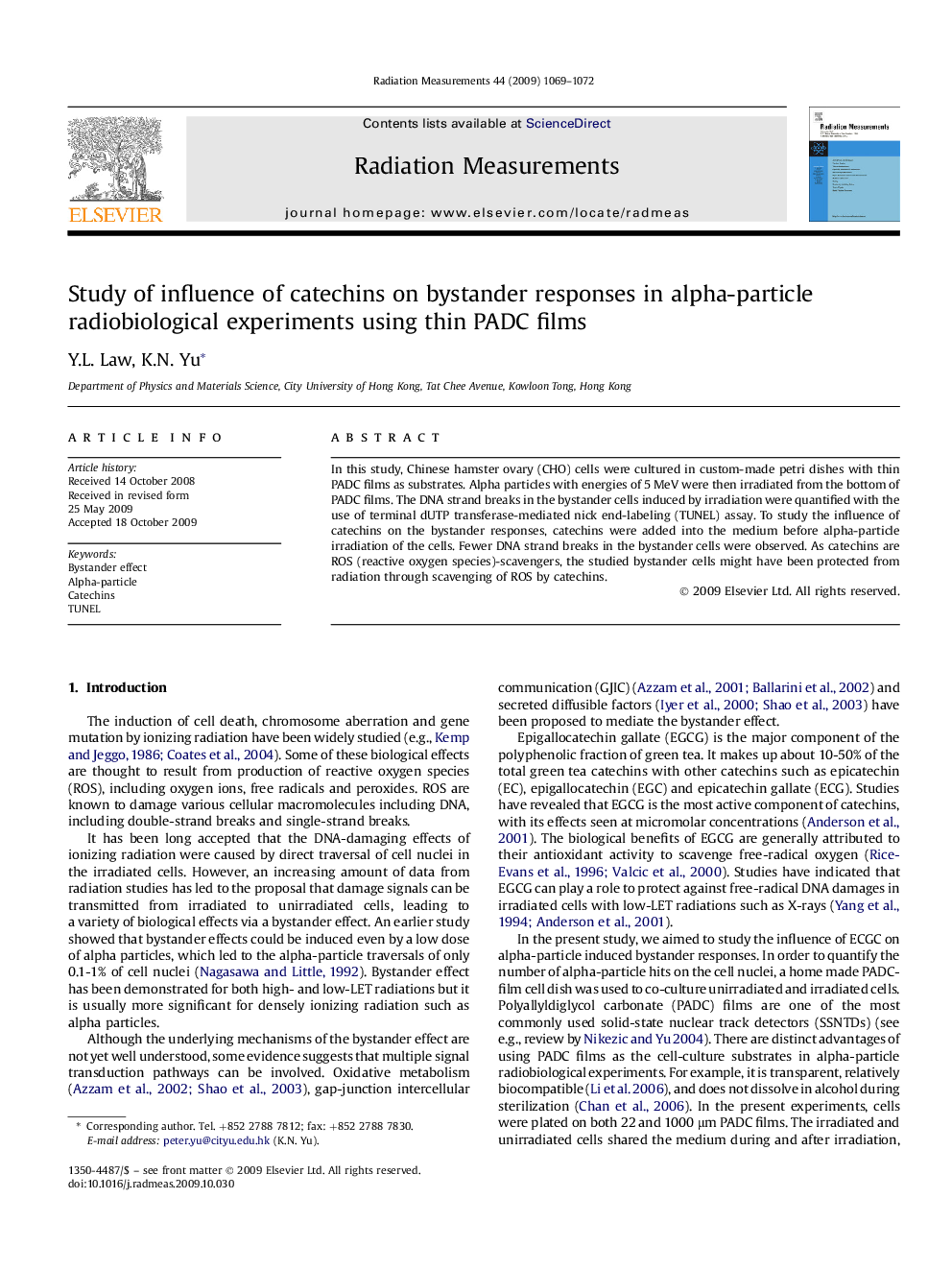 Study of influence of catechins on bystander responses in alpha-particle radiobiological experiments using thin PADC films