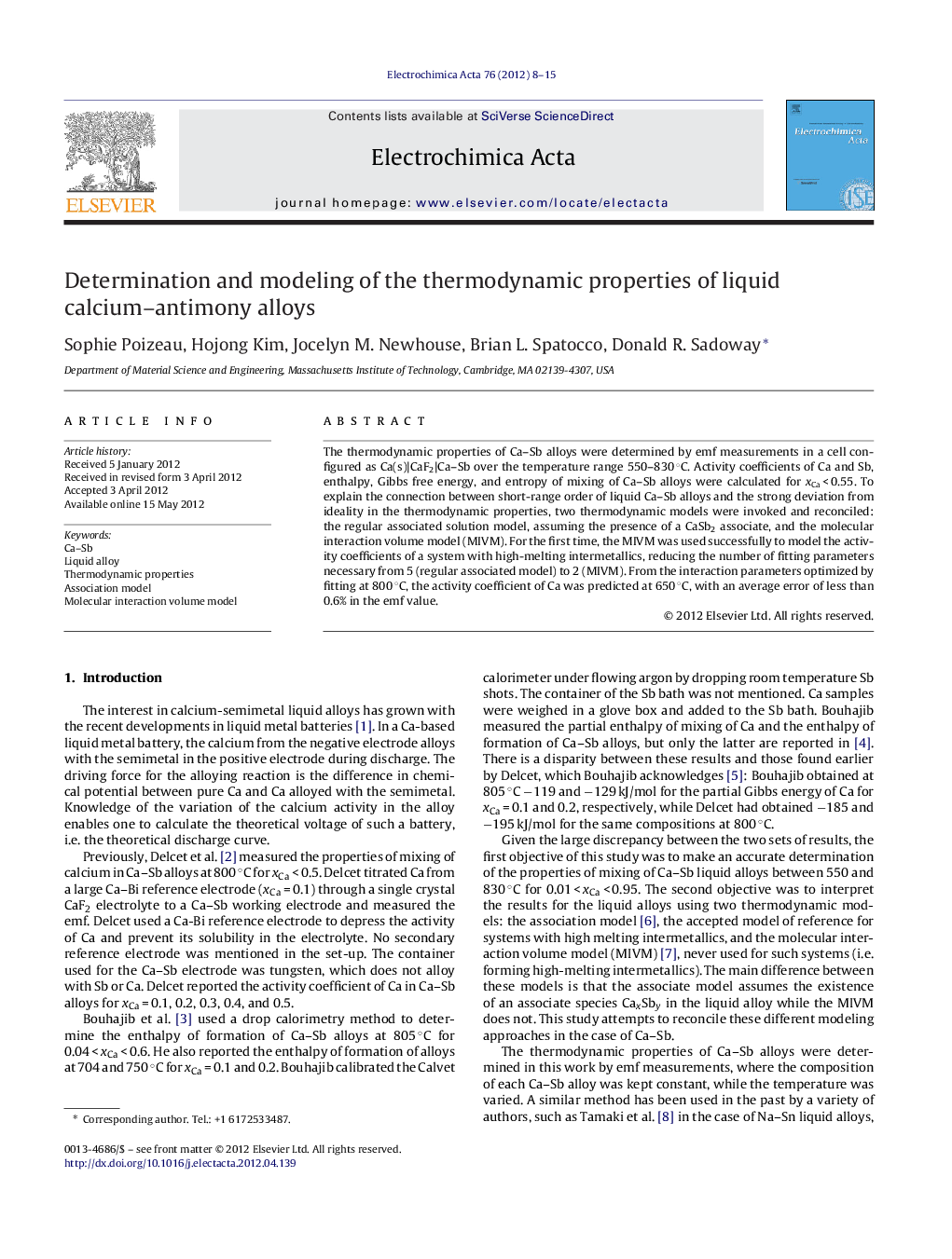 Determination and modeling of the thermodynamic properties of liquid calcium–antimony alloys