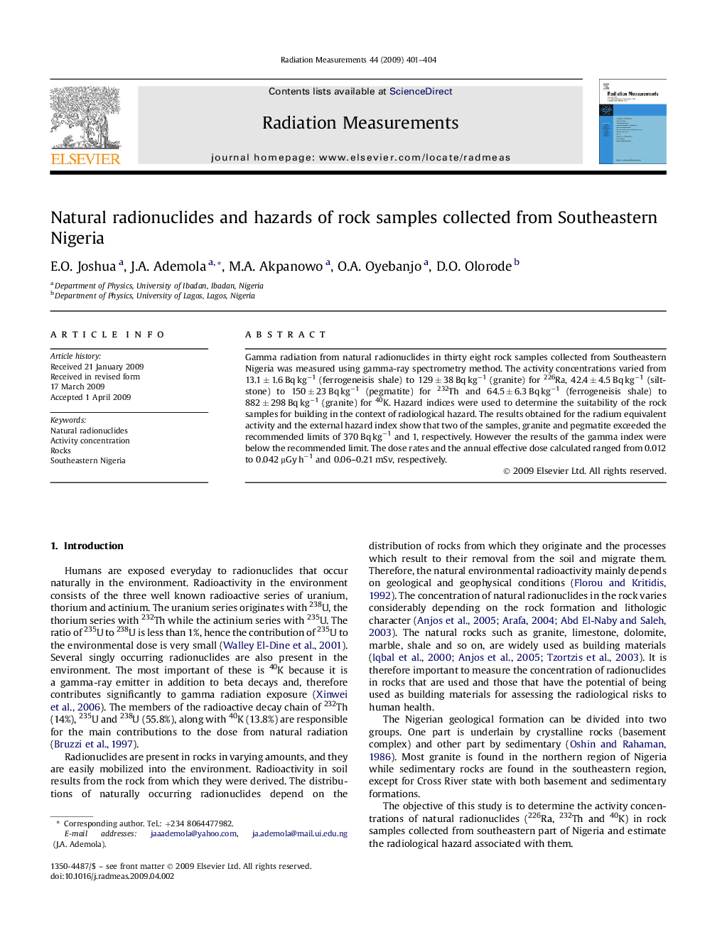 Natural radionuclides and hazards of rock samples collected from Southeastern Nigeria