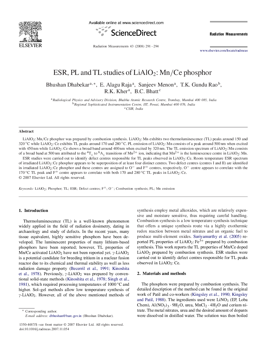 ESR, PL and TL studies of LiAlO2:Mn/CeLiAlO2:Mn/Ce phosphor