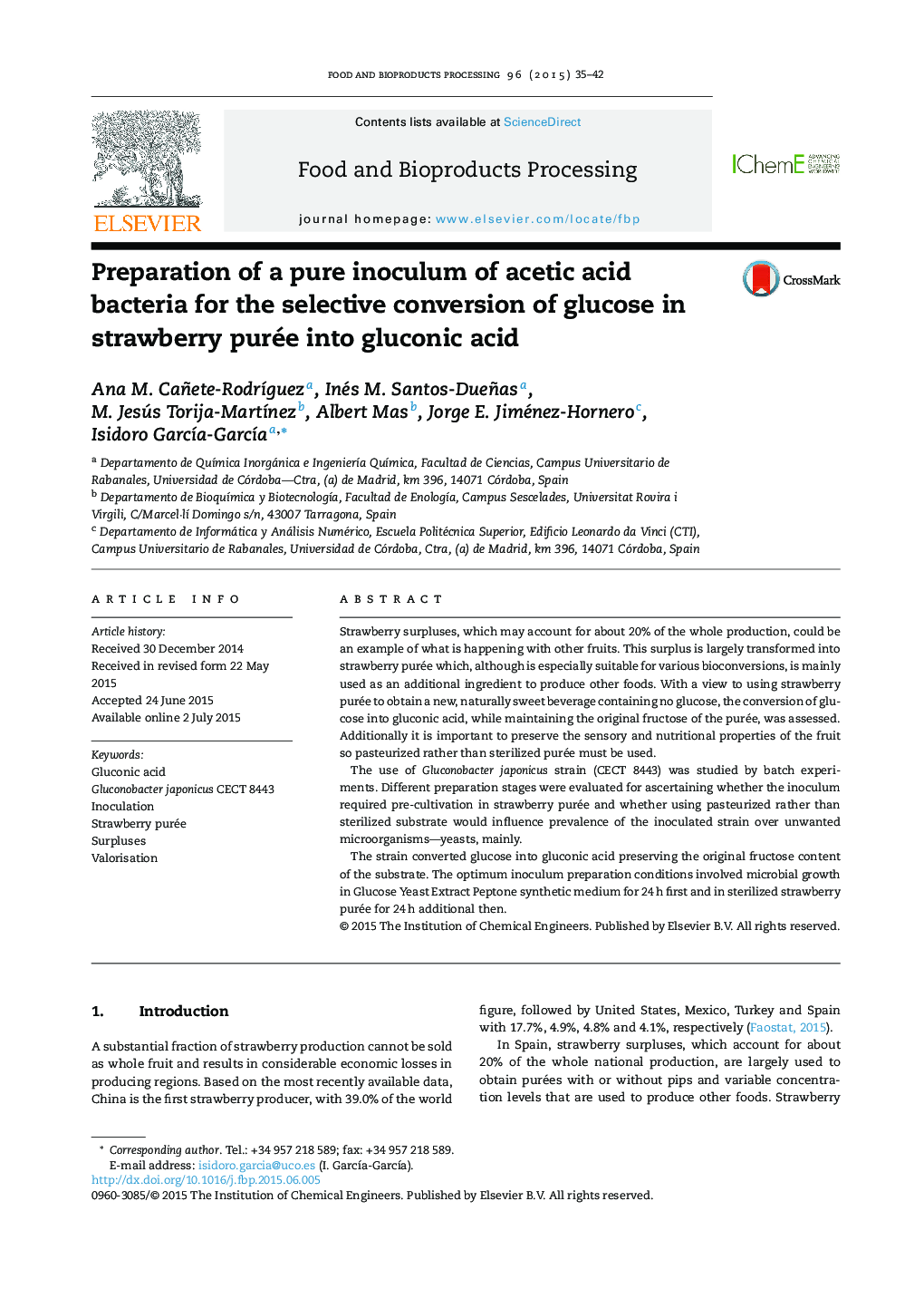 Preparation of a pure inoculum of acetic acid bacteria for the selective conversion of glucose in strawberry purée into gluconic acid