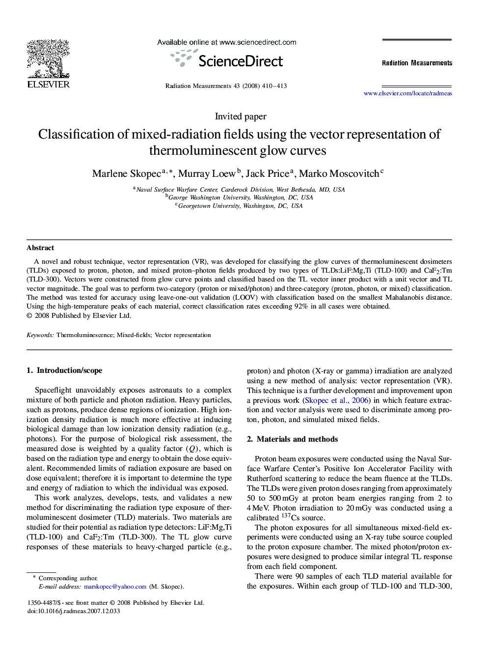 Classification of mixed-radiation fields using the vector representation of thermoluminescent glow curves