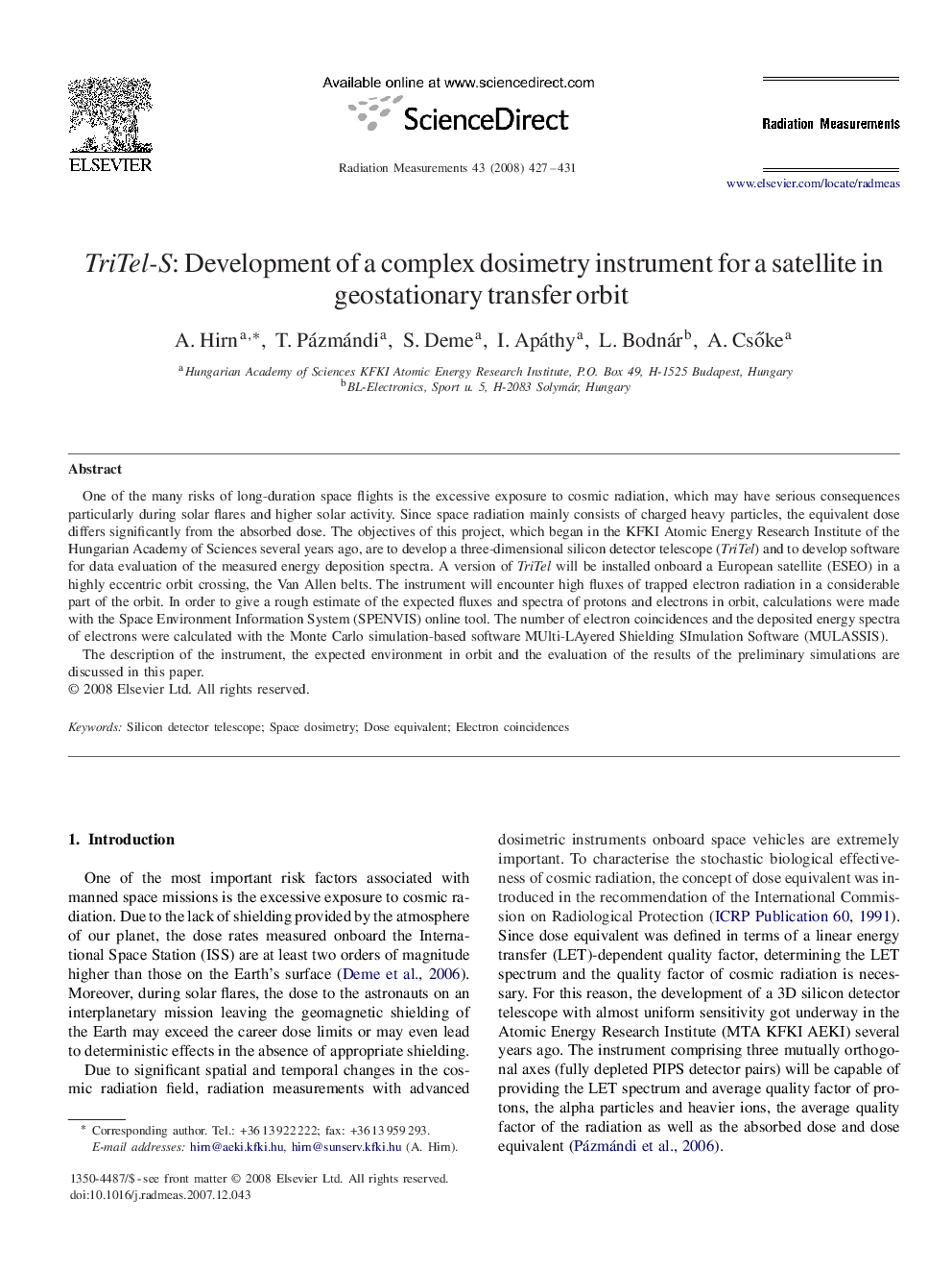 TriTel-S: Development of a complex dosimetry instrument for a satellite in geostationary transfer orbit