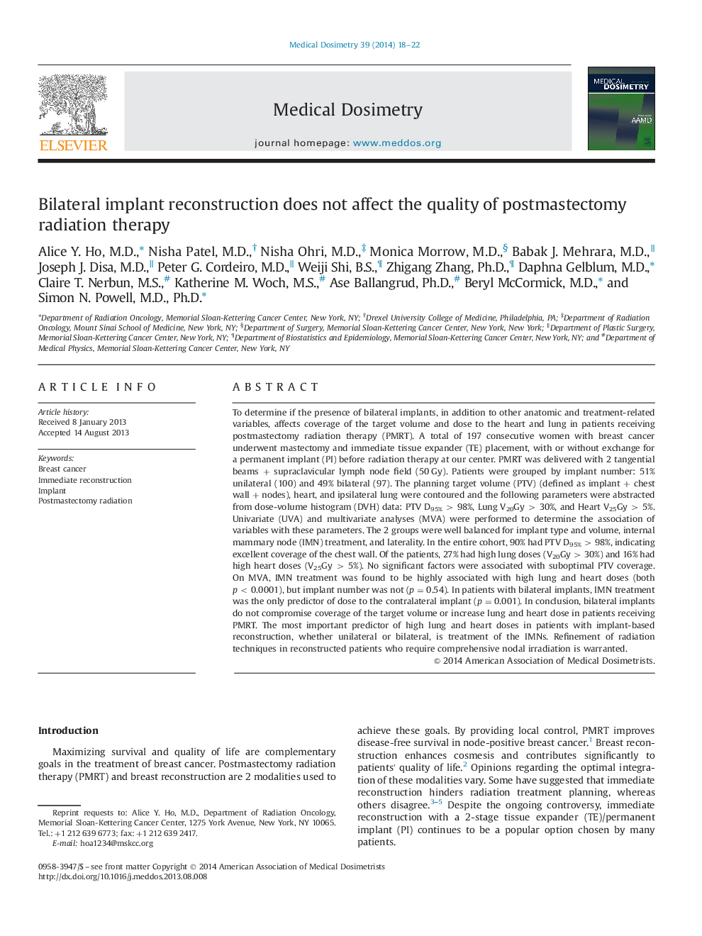 Bilateral implant reconstruction does not affect the quality of postmastectomy radiation therapy